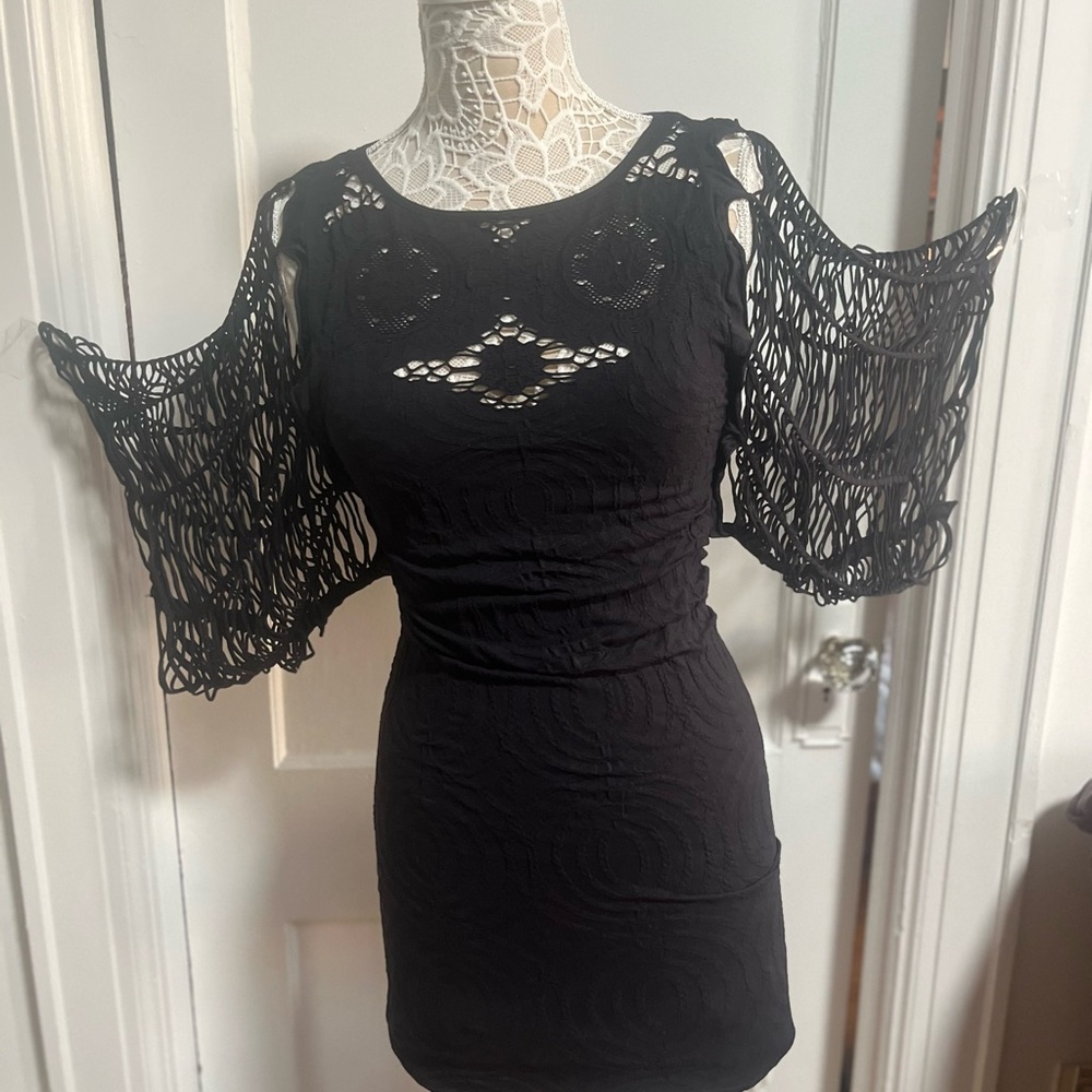 Poof! Black Lace Bell Sleeve Mini Dress Size S